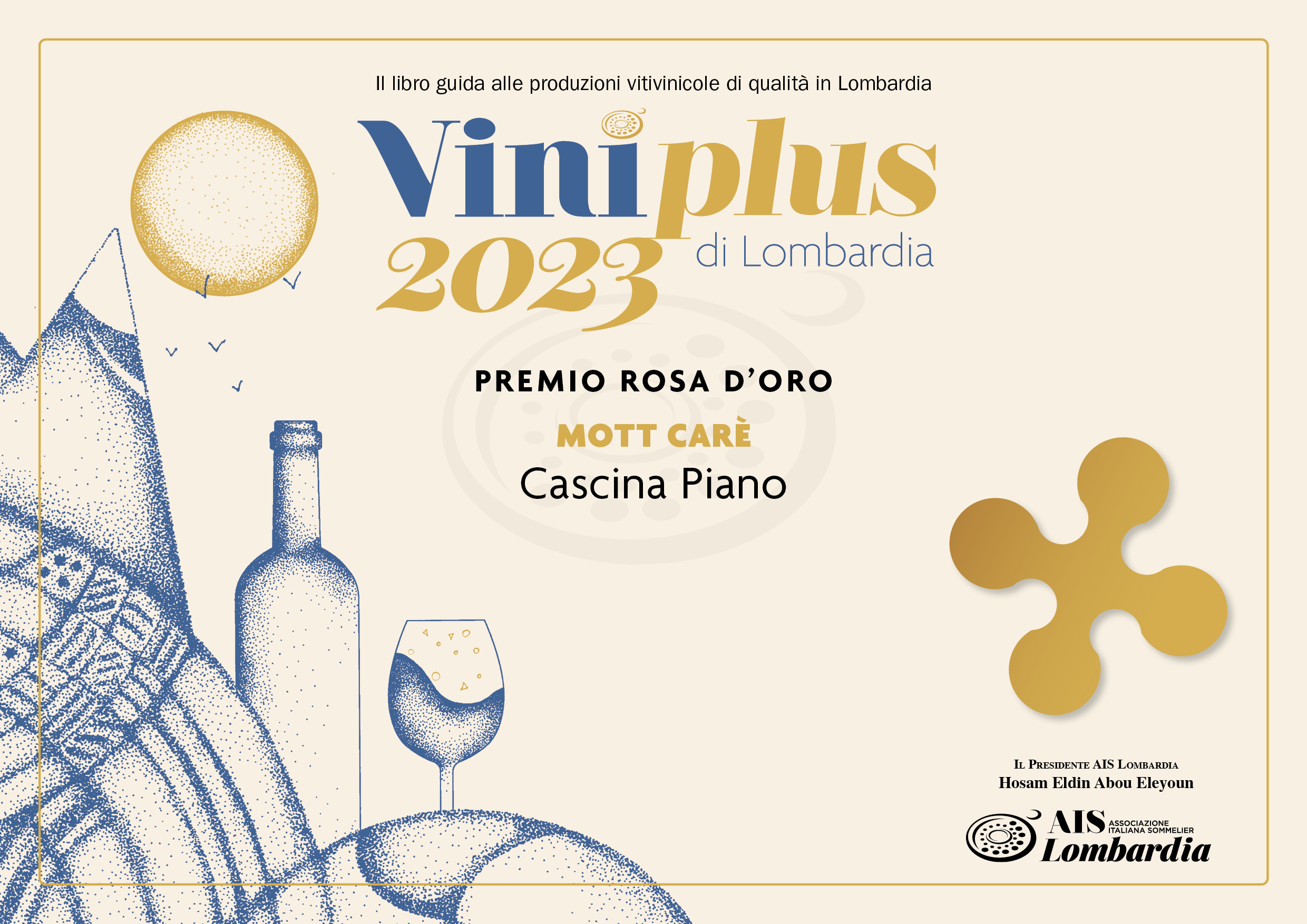 Viniplus 2021, la guida dell'Associazione Italiana Sommelier della Lombardia ha premiato Mott Carè 2021 con la Rosa D'oro